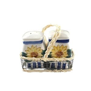 Vintage Ceramic Hand Painted Sunflower Salt & Pepper Shaker with Caddy Farmhouse